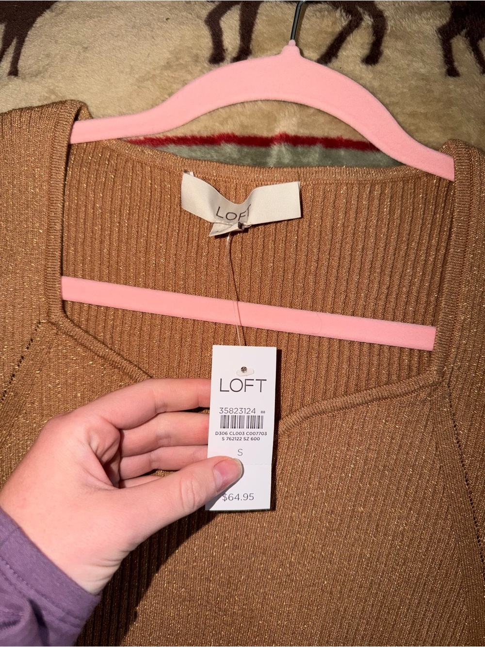 LOFT Ribbed Square-Neck Tank Sweater in Camel Brown